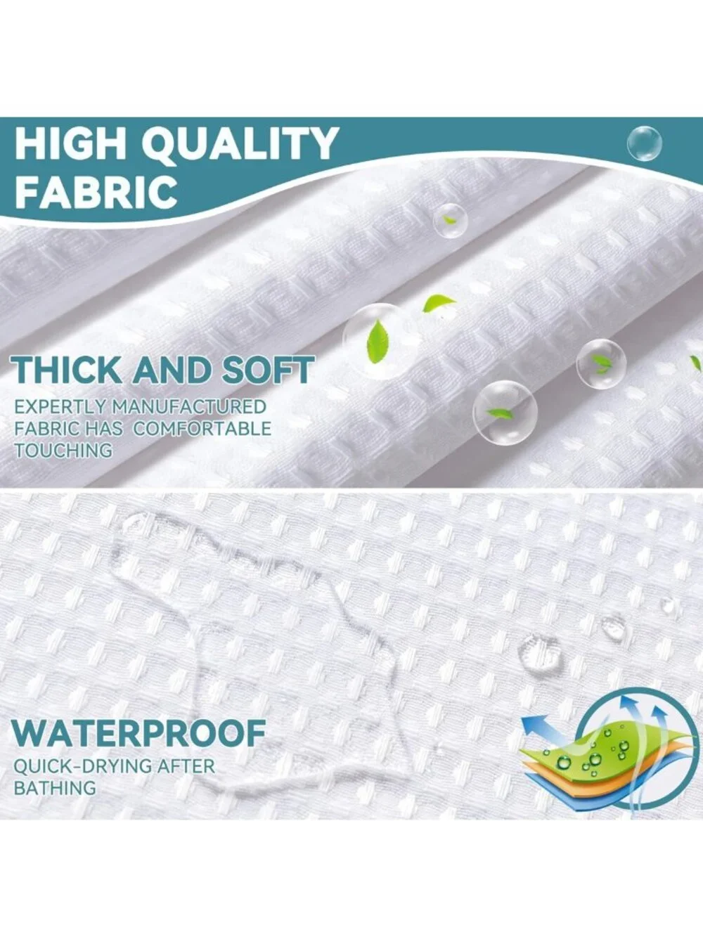 Extra Wide Waterproof Waffle Weave Shower Curtain Set with Snap-in Liner, 108x74
